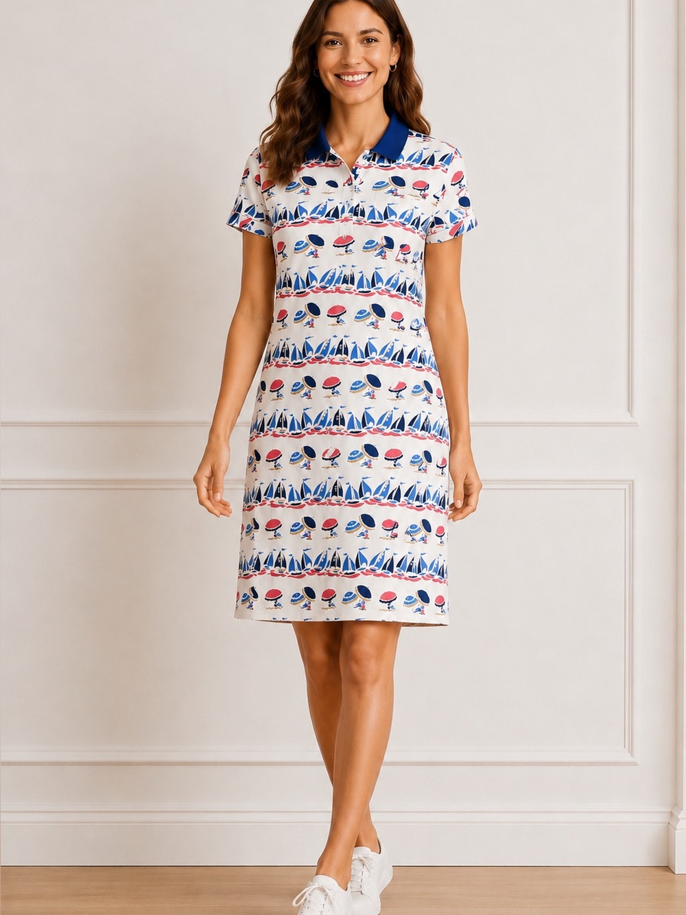 Boden Petunia Sailboat Beach Umbrella Polo Tee T-shirt Dress Size 10L 10 Long